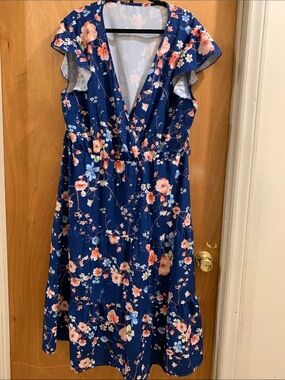 Women's Navy Floral Maxi Dress with Flutter Sleeves